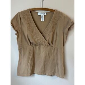 y2k Jones Wear Studio Beige‎ Embroidered V Neck Size M 90s Normcore Babydoll